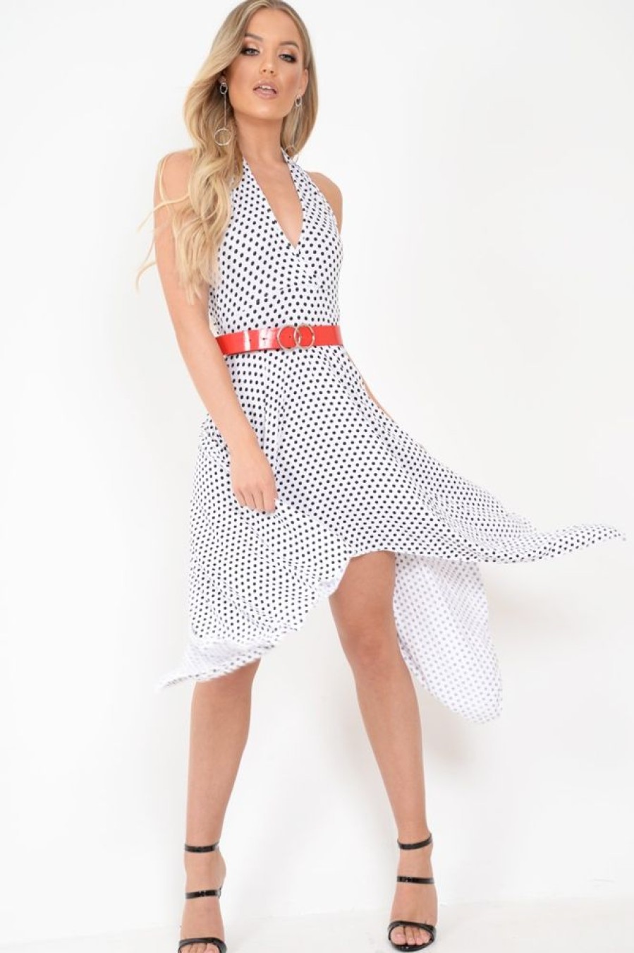 Clothing Rebellious Fashion | White Polka Dot Halterneck Tiered Hem Dress - Cailie