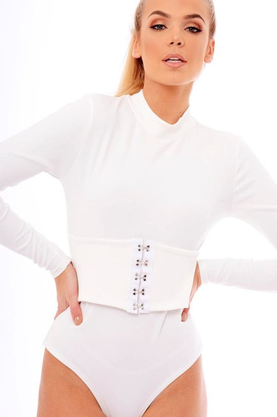 Clothing Rebellious Fashion | White High Neck Corset Detail Bodysuit - Hilda