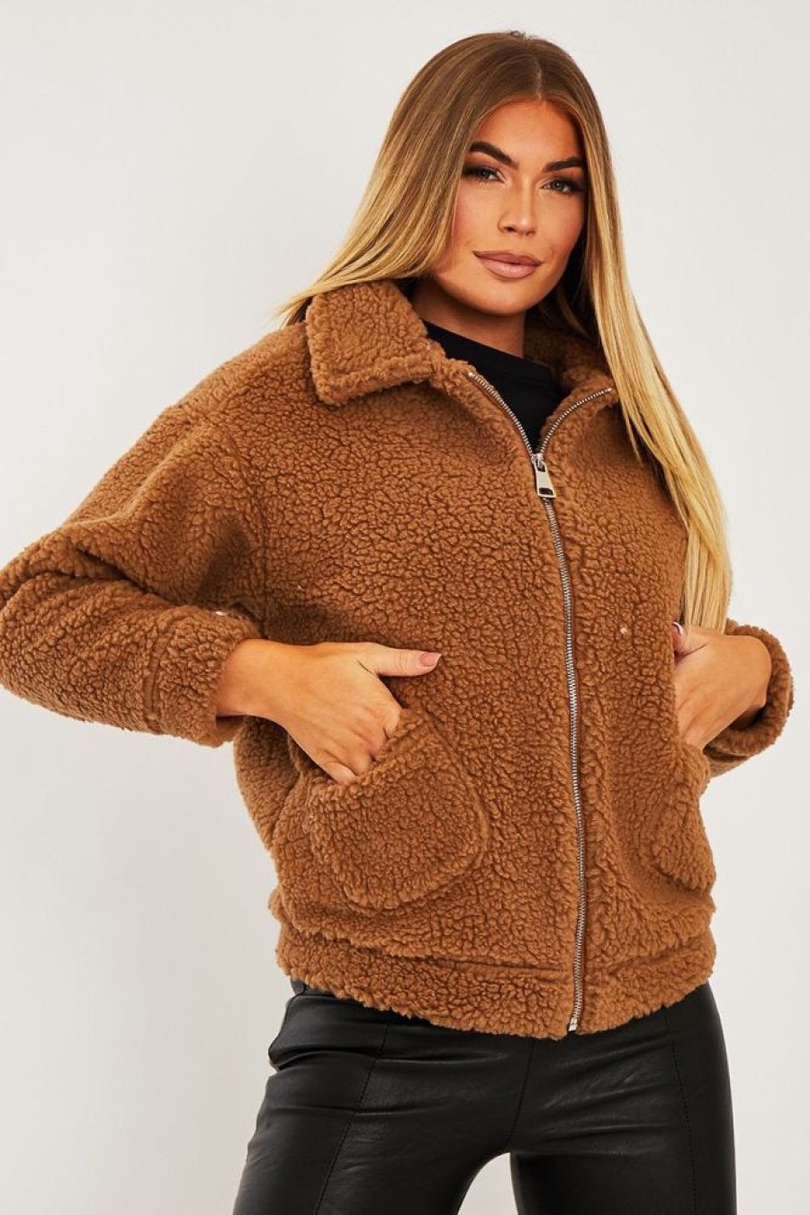 Clothing Rebellious Fashion | Brown Collar Zip Front Borg Teddy Jacket - Kaleah