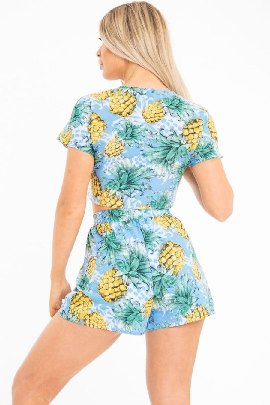 Clothing Rebellious Fashion | Blue Tropical Print Crop Top And Shorts Co-Ord - Olena