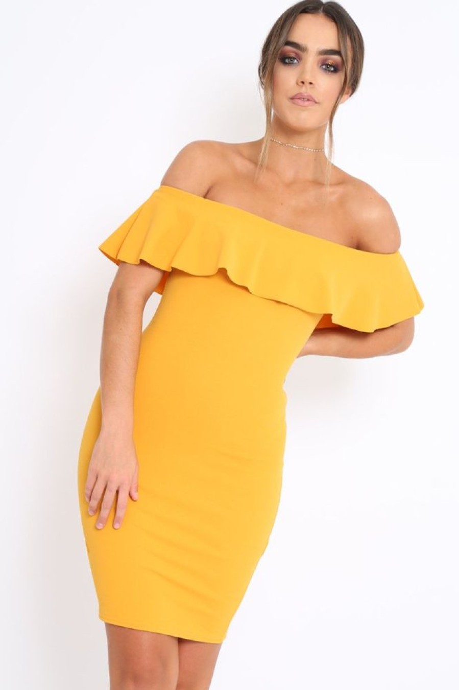 Clothing Rebellious Fashion | Mustard Frill Bardot Midi Dress - Bridget