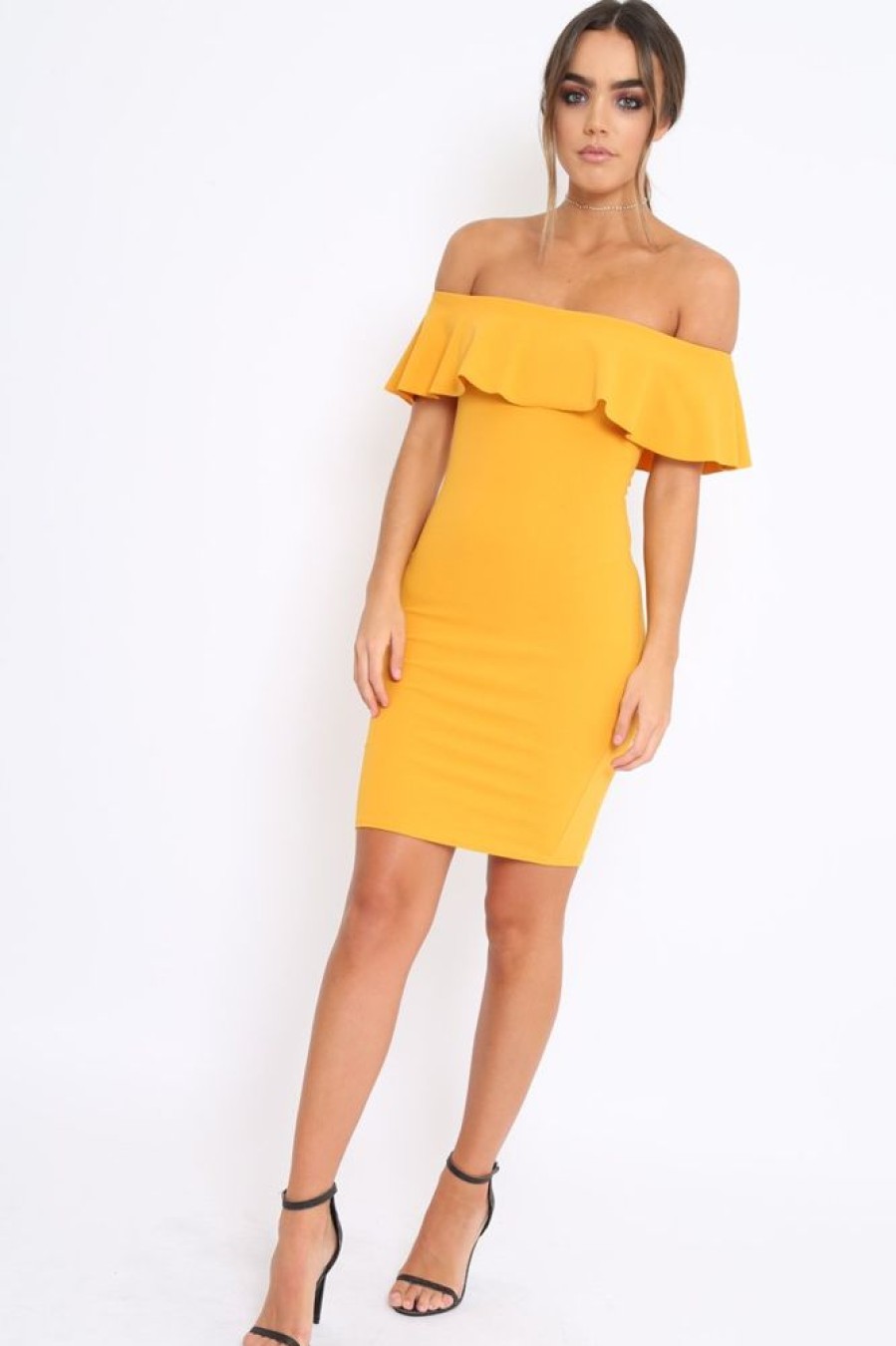 Clothing Rebellious Fashion | Mustard Frill Bardot Midi Dress - Bridget