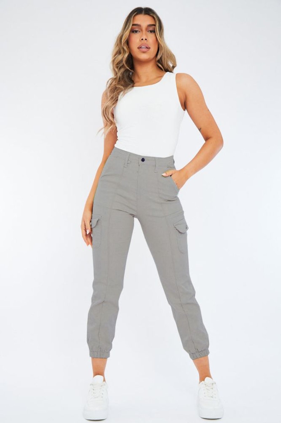 Clothing Rebellious Fashion | Light Grey Cuffed Cargo Trousers - Genesis