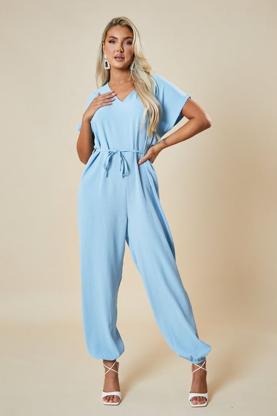 Clothing Rebellious Fashion | Blue V-Neck Oversized Tie Detail Jumpsuit - Sammie