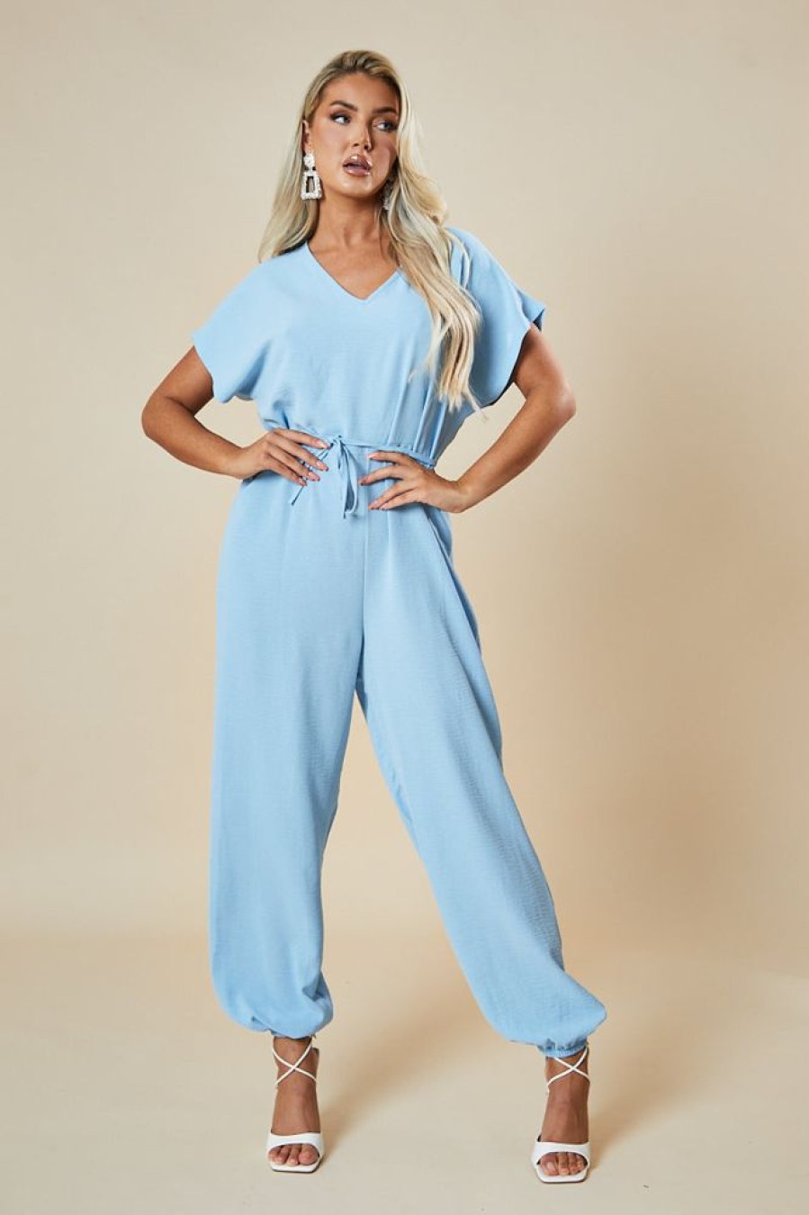 Clothing Rebellious Fashion | Blue V-Neck Oversized Tie Detail Jumpsuit - Sammie