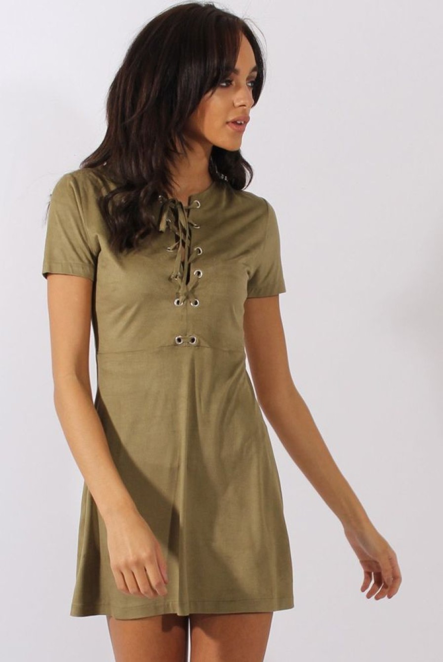 Clothing Rebellious Fashion | Khaki Suede Lace Up Eyelet Skater Dress - Desire