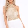 Clothing Rebellious Fashion | Gold Sequin Embroidered Halter Neck Bodysuit - Marci