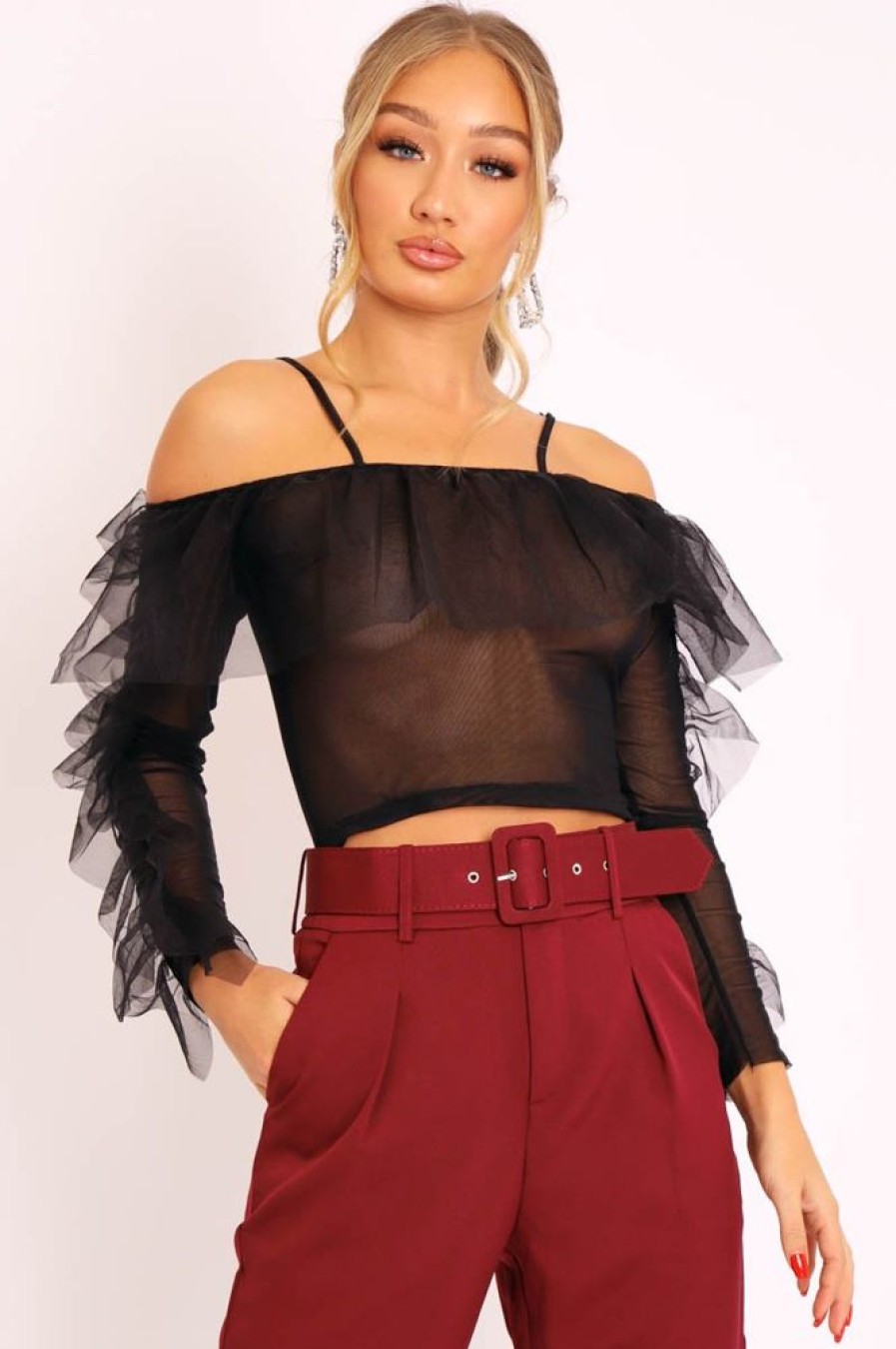 Clothing Rebellious Fashion | Black Mesh Ruffle Sleeve Bardot Crop Top - Amber