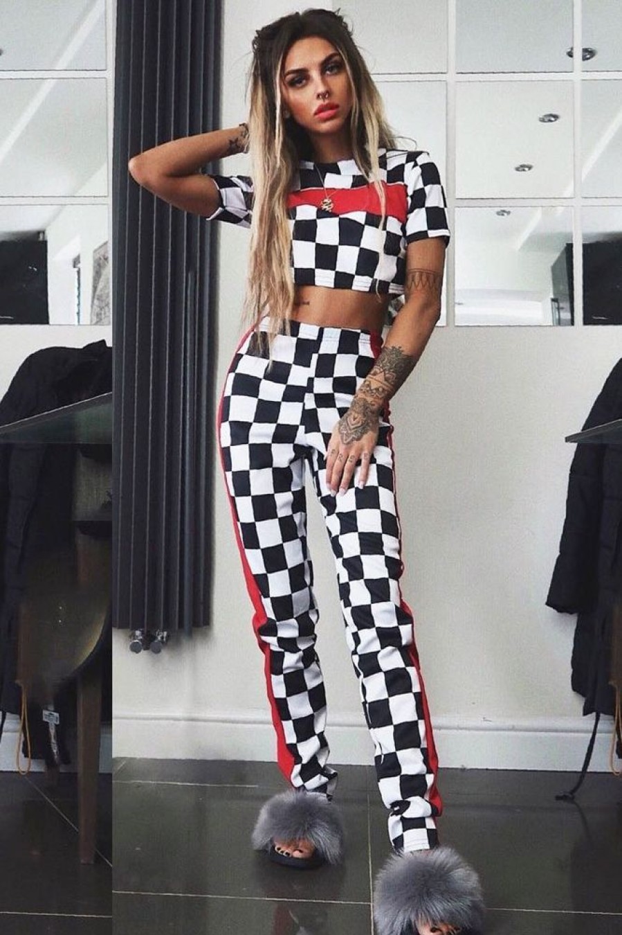 Clothing Rebellious Fashion | Checker Board And Red Contrast Stripe Co-Ord - Tianie