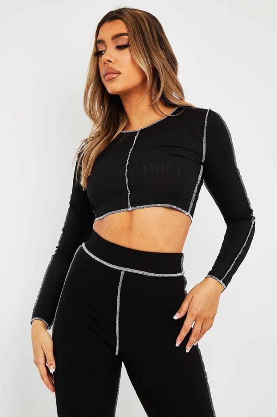 Clothing Rebellious Fashion | Black White Contrast Stitch Ribbed Crop Top - Candice