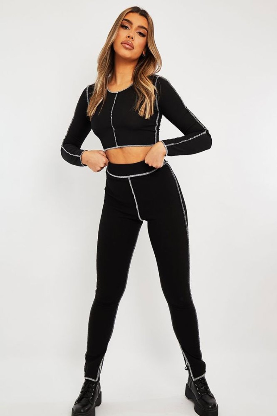 Clothing Rebellious Fashion | Black White Contrast Stitch Ribbed Crop Top - Candice