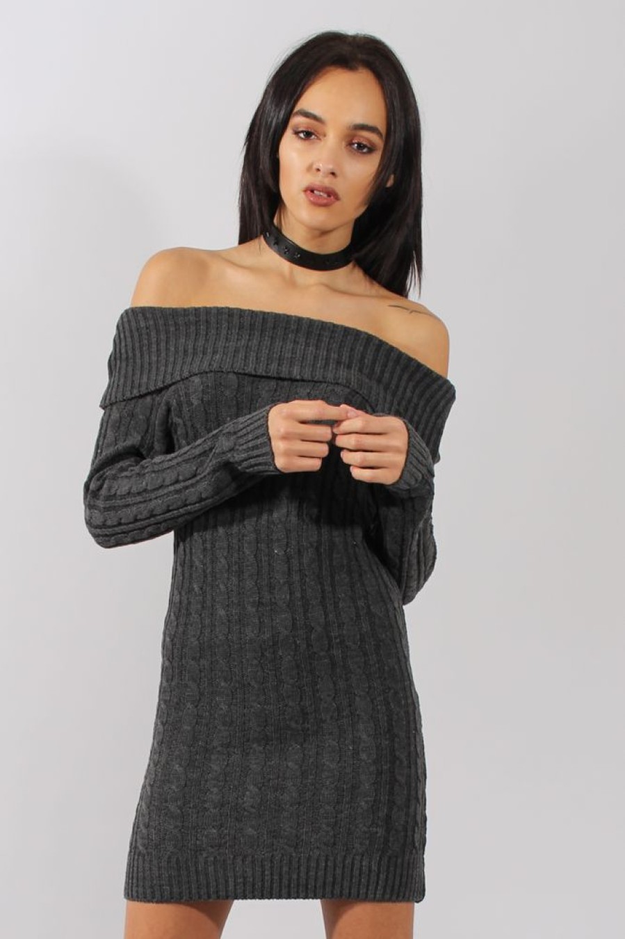 Clothing Rebellious Fashion | Grey Bardot Cable Knit Jumper Dress - Peeta