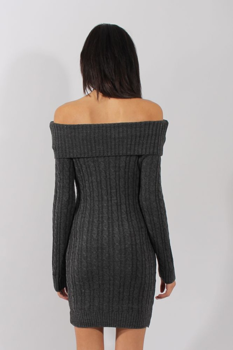 Clothing Rebellious Fashion | Grey Bardot Cable Knit Jumper Dress - Peeta