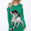 Clothing Rebellious Fashion | Green Festive Deer Cold Shouldered Jumper Dress - Catarina