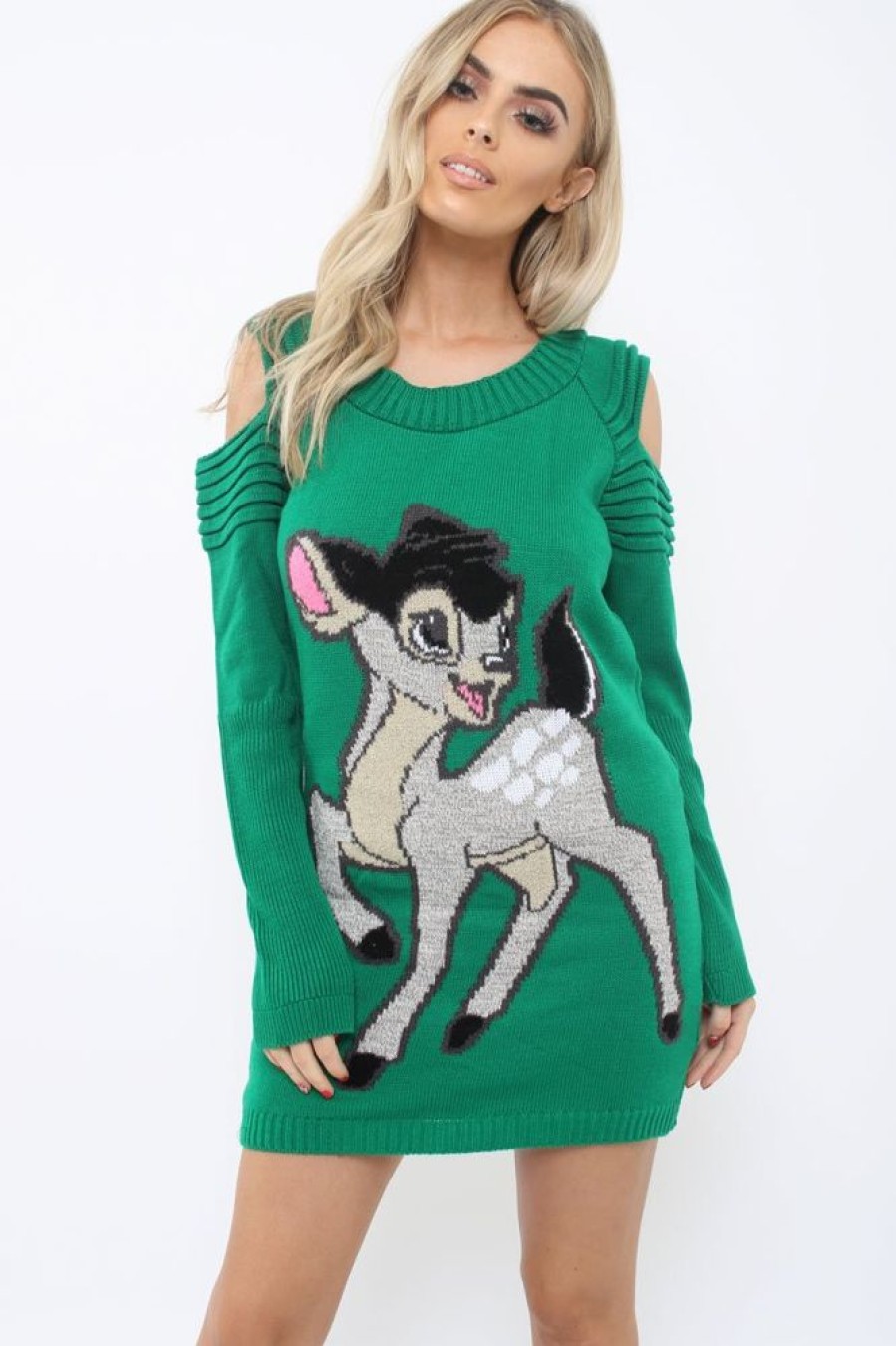 Clothing Rebellious Fashion | Green Festive Deer Cold Shouldered Jumper Dress - Catarina