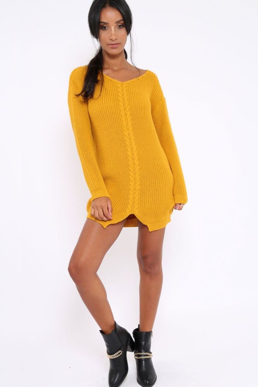 Clothing Rebellious Fashion | Mustard Jumper Dress With Twist Knit Detail - Antonia