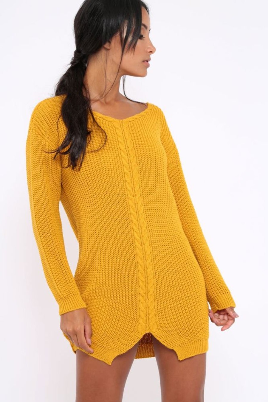 Clothing Rebellious Fashion | Mustard Jumper Dress With Twist Knit Detail - Antonia