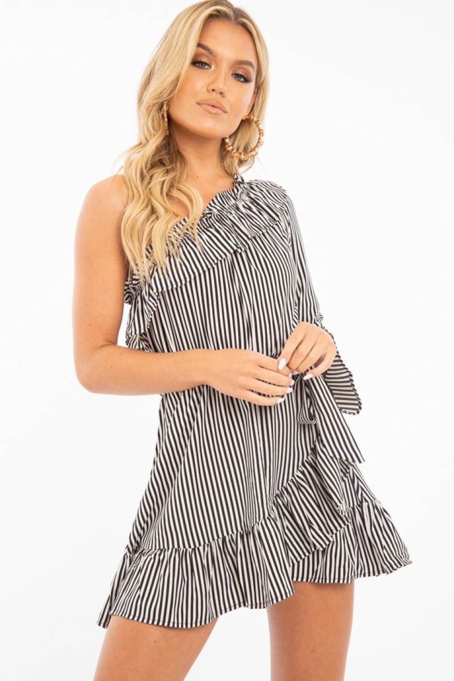 Clothing Rebellious Fashion | Black And Beige Stripe One Shoulder Frill Dress - Zyann