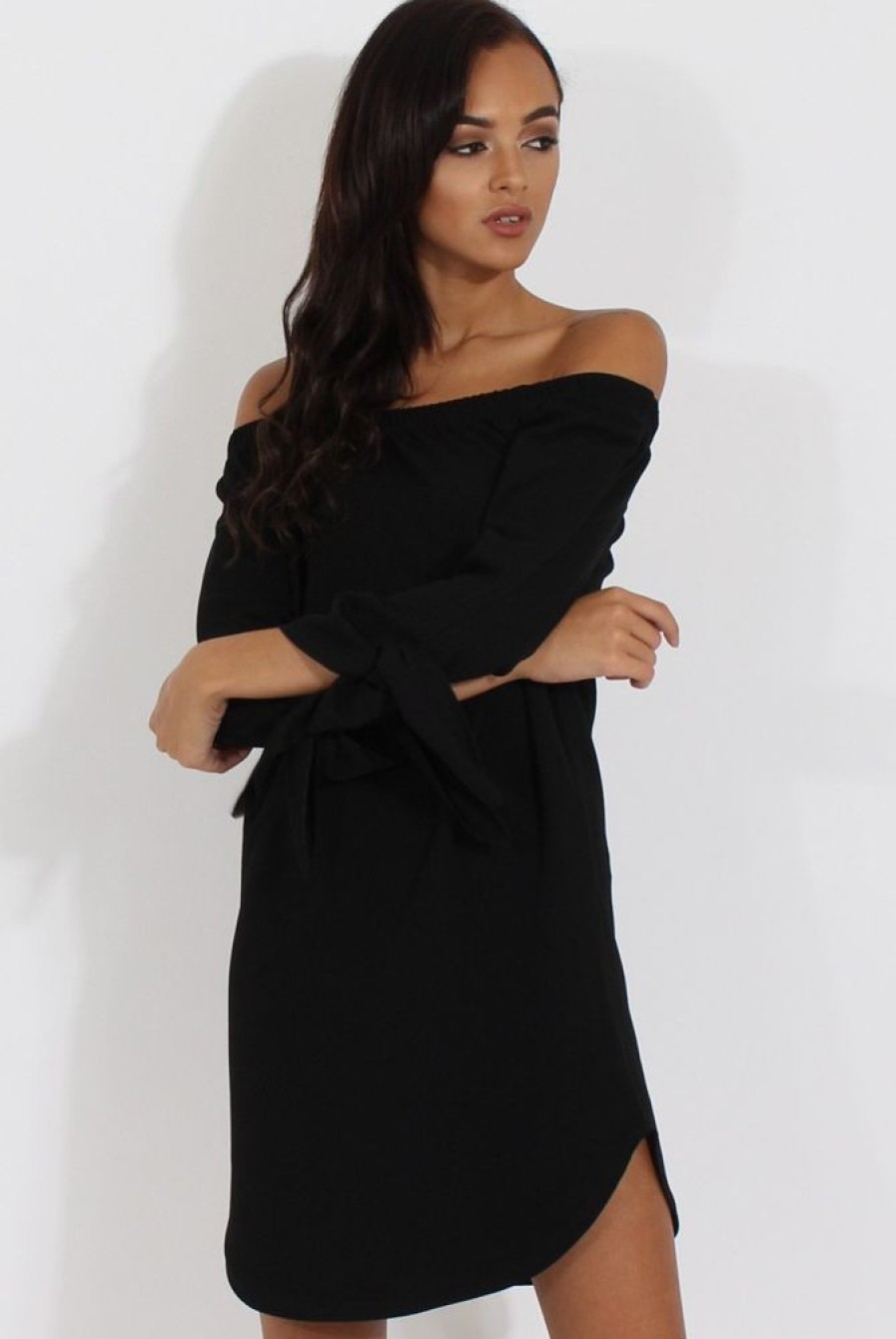 Clothing Rebellious Fashion | Black Bardot Tie Cuffs Dress - Whitney