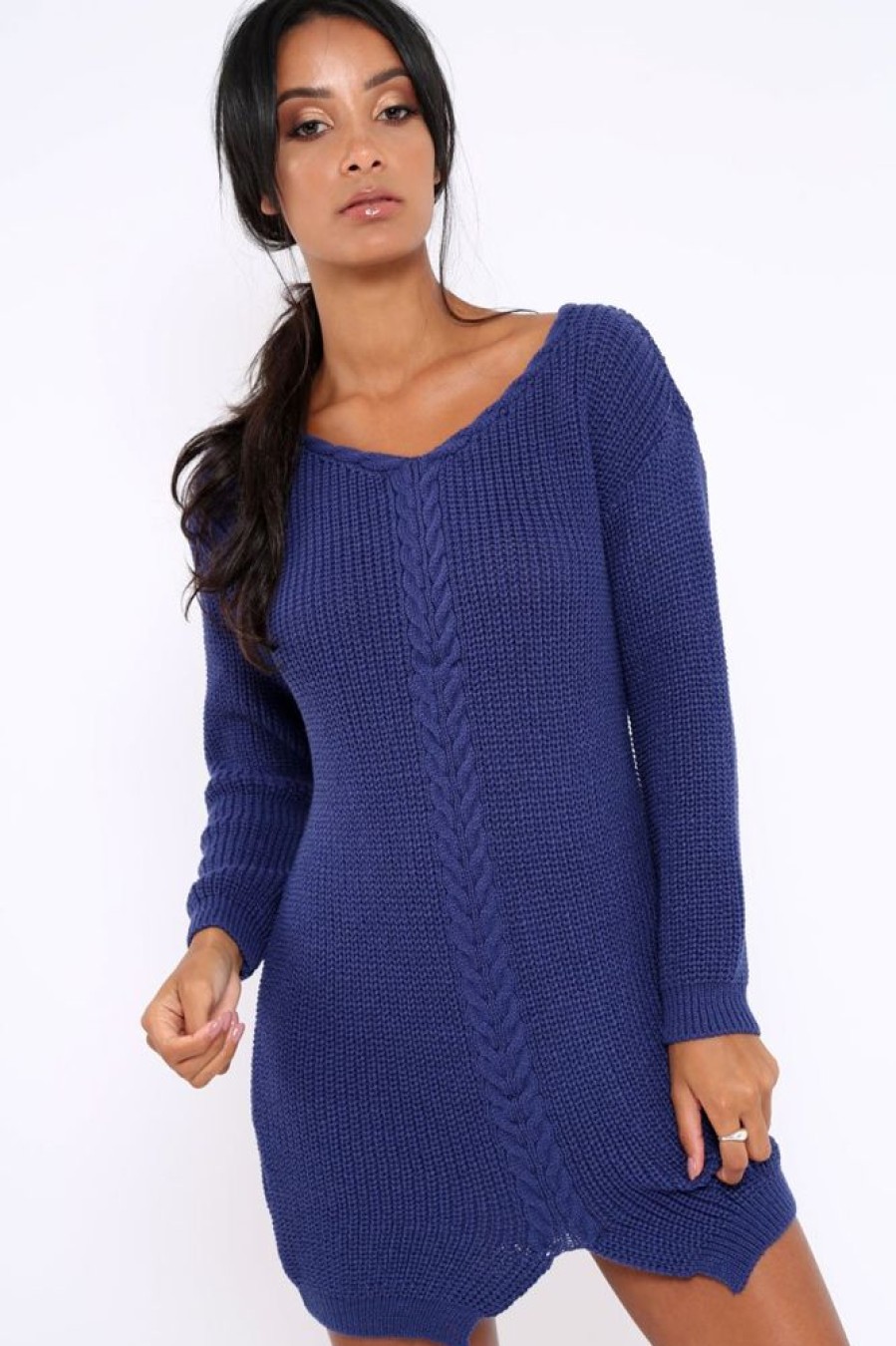 Clothing Rebellious Fashion | Blue Jumper Dress With Twist Knit Detail - Antonia