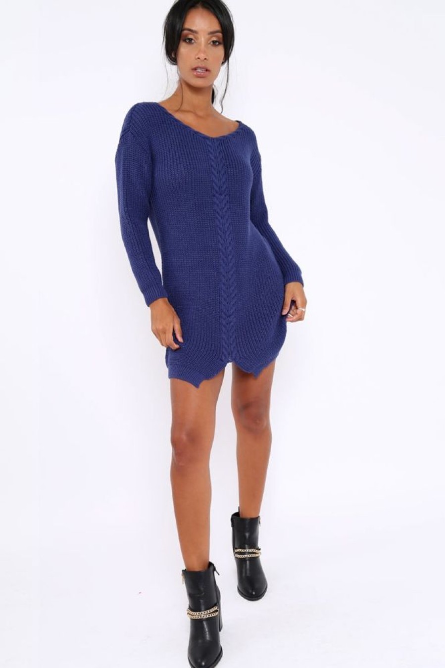 Clothing Rebellious Fashion | Blue Jumper Dress With Twist Knit Detail - Antonia