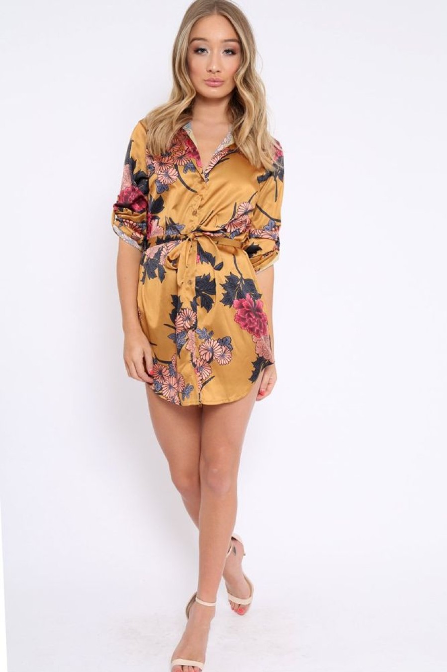 Clothing Rebellious Fashion | Mustard Floral Satin Shirt Tie Dress - Sophina