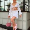 Clothing Rebellious Fashion | White Shirred Sleeve Crop Top & Ruched Mini Skirt Set - Ariana