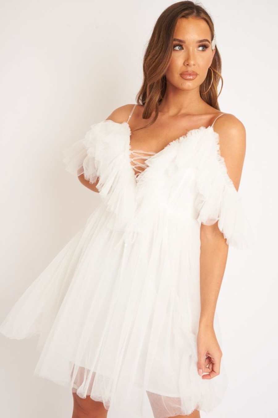 Clothing Rebellious Fashion | White Bardot Off Shoulder Tulle Ruffle Dress - Aarilyn