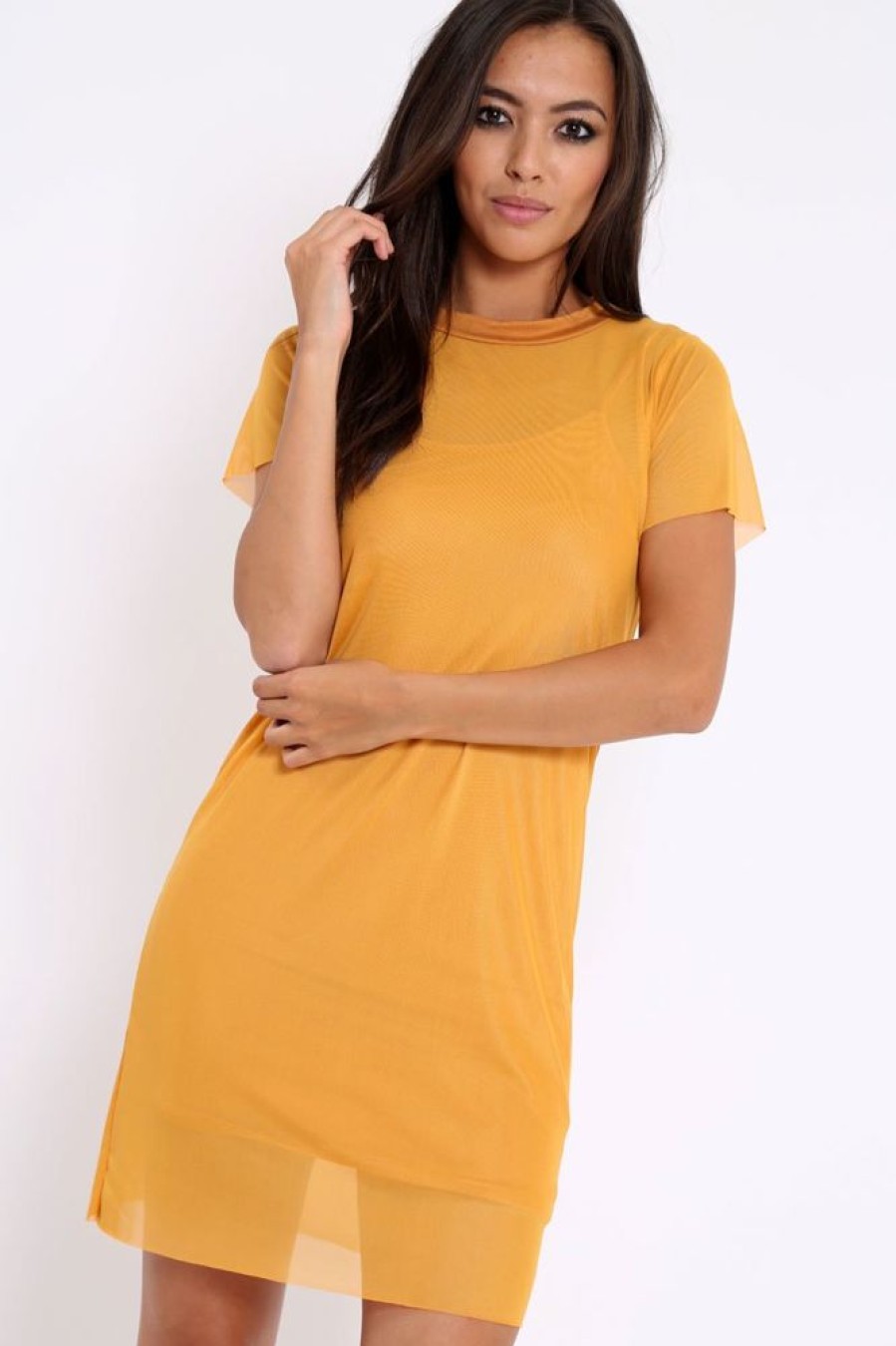 Clothing Rebellious Fashion | Mustard Mesh Overlay T-Shirt Dress - Selena