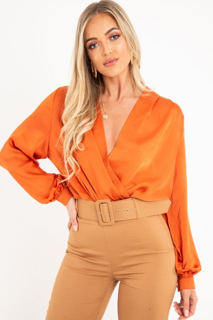 Clothing Rebellious Fashion | Rust Chiffon Plunge Blouson Sleeve Bodysuit - Liah