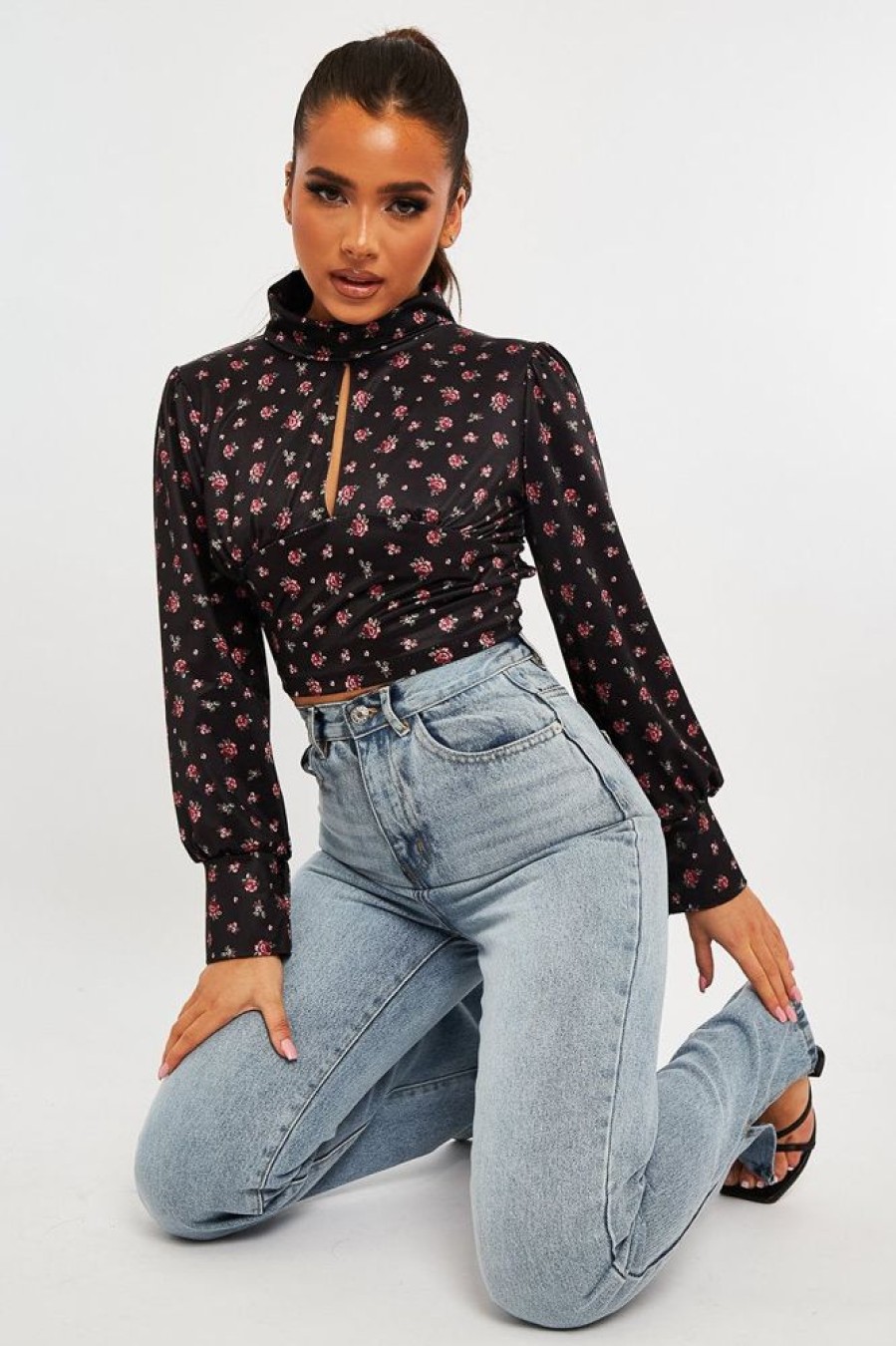 Clothing Rebellious Fashion | Black Floral Satin Cut Out Backless Crop Top - Cary