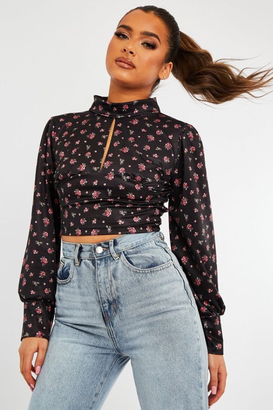 Clothing Rebellious Fashion | Black Floral Satin Cut Out Backless Crop Top - Cary