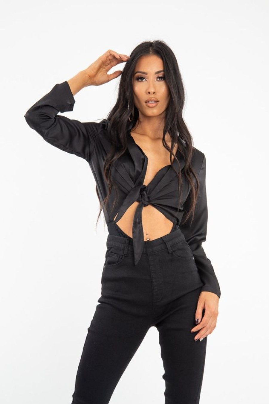 Clothing Rebellious Fashion | Black Satin Cut Out Tie Front Bodysuit - Ezabella