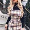 Clothing Rebellious Fashion | Beige Red Check Square Neck Mini Dress - Kysa