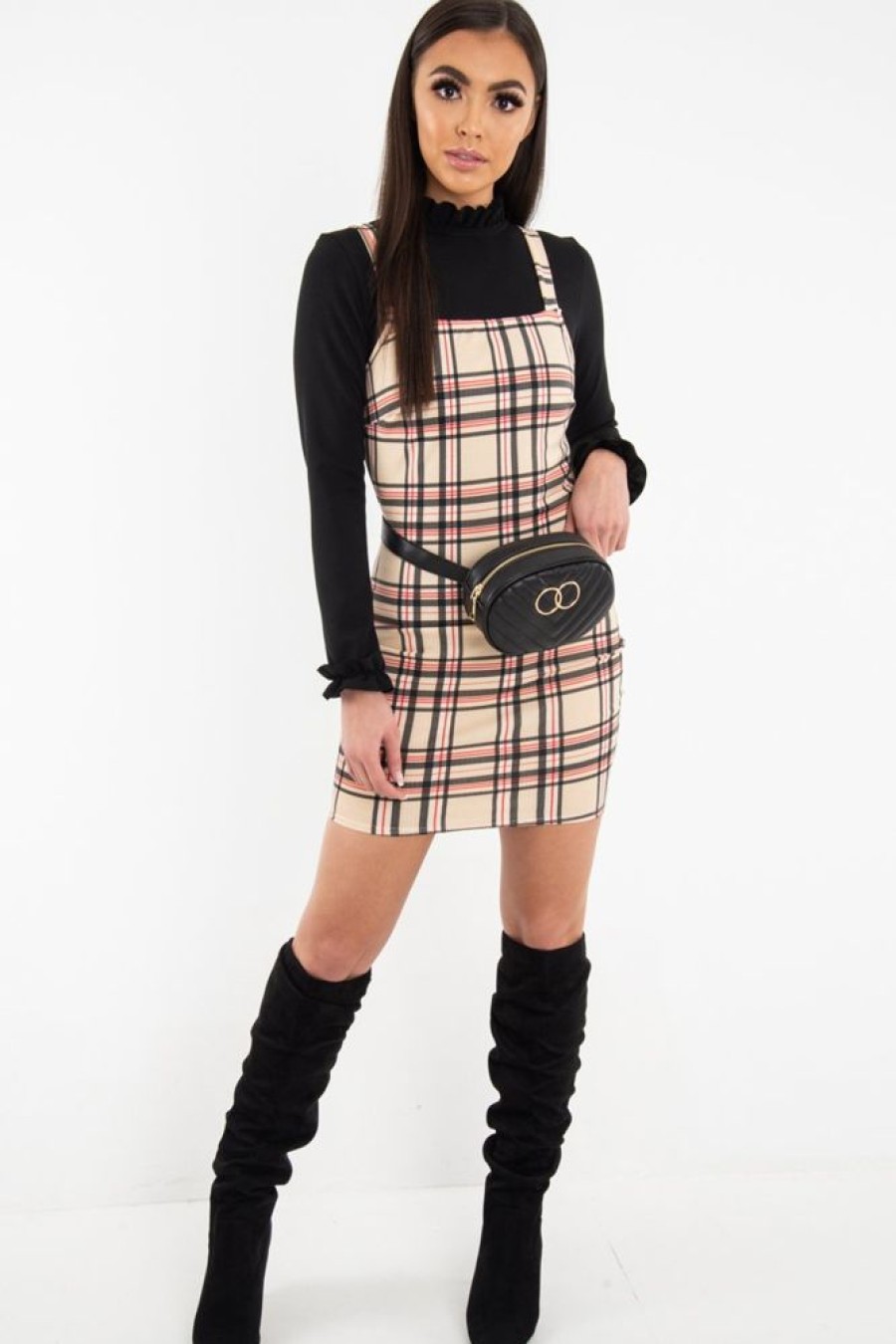 Clothing Rebellious Fashion | Beige Red Check Square Neck Mini Dress - Kysa