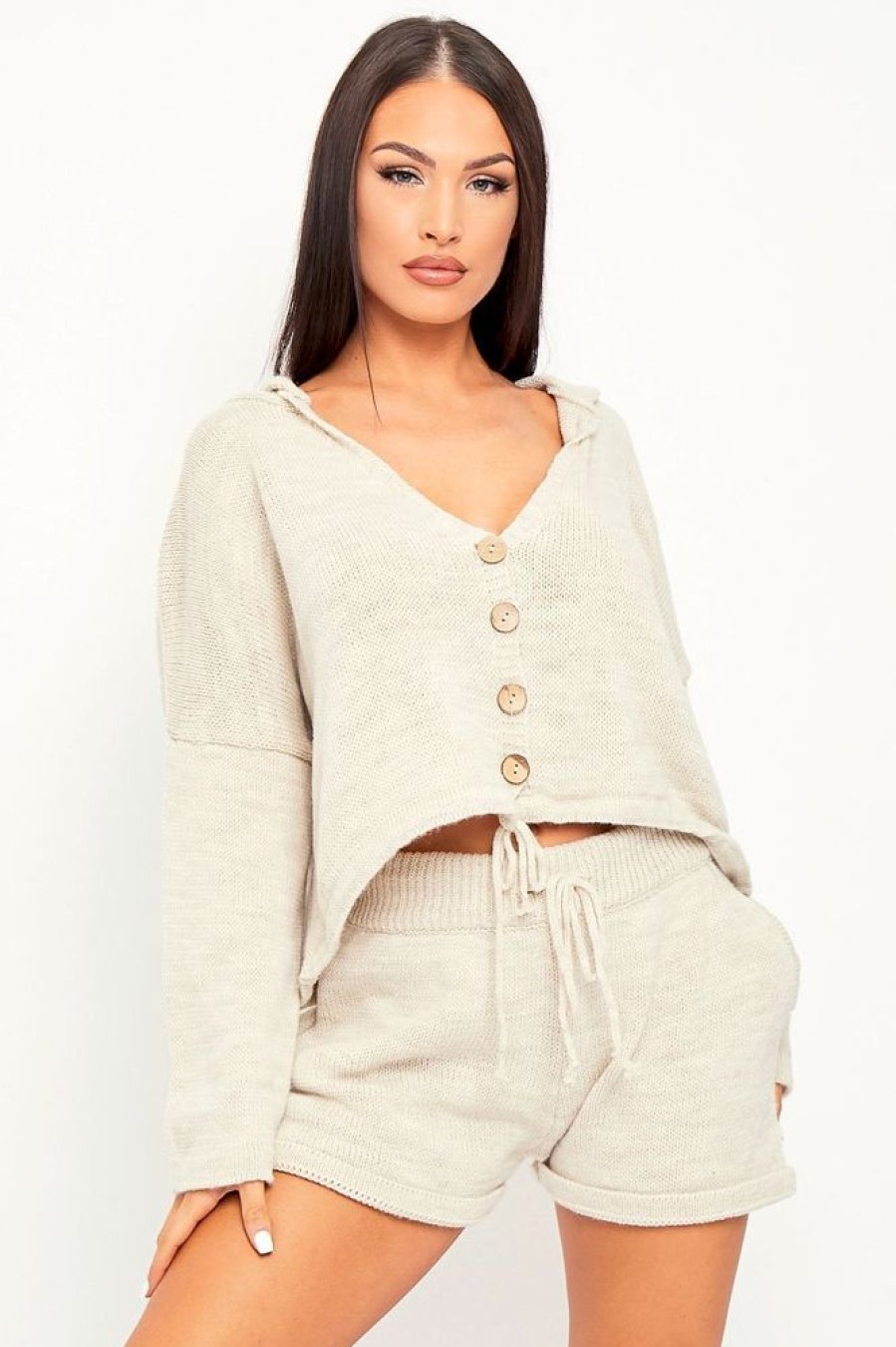 Clothing Rebellious Fashion | Beige Knit Hoodie Cardigan + Shorts Co-Ord - Esther