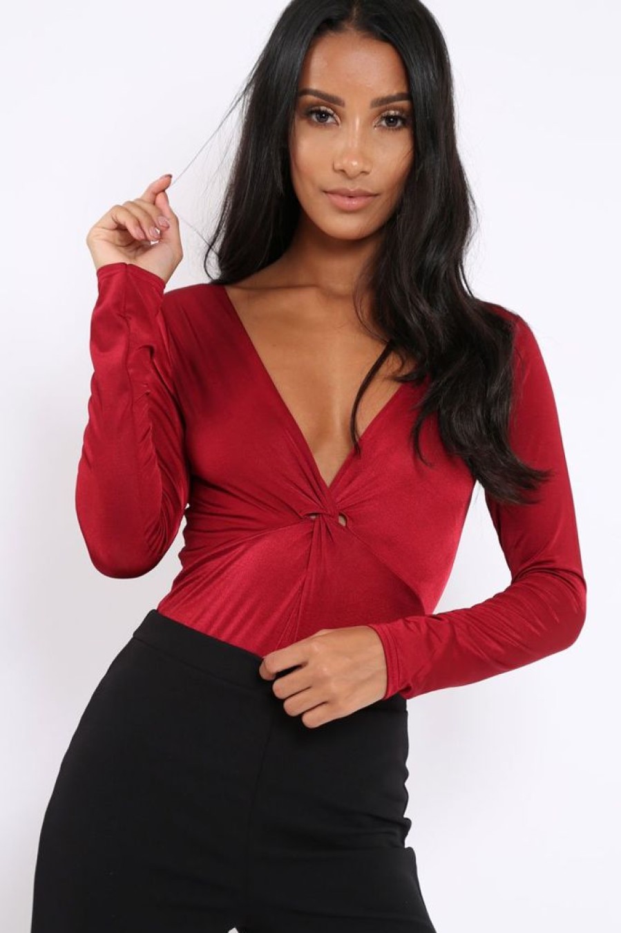 Clothing Rebellious Fashion | Wine Slinky Twist Front Bodysuit - Gretchen