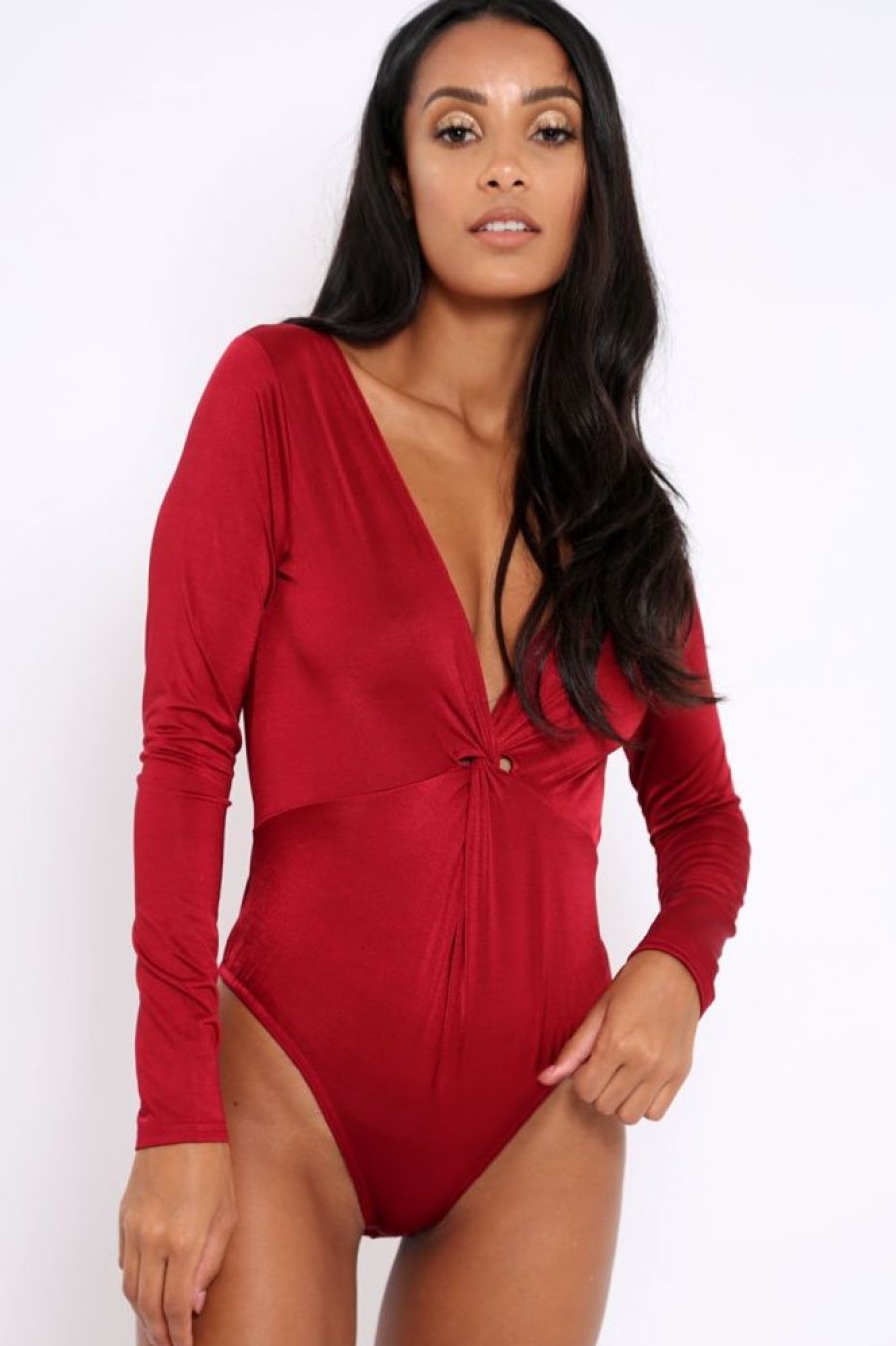 Clothing Rebellious Fashion | Wine Slinky Twist Front Bodysuit - Gretchen