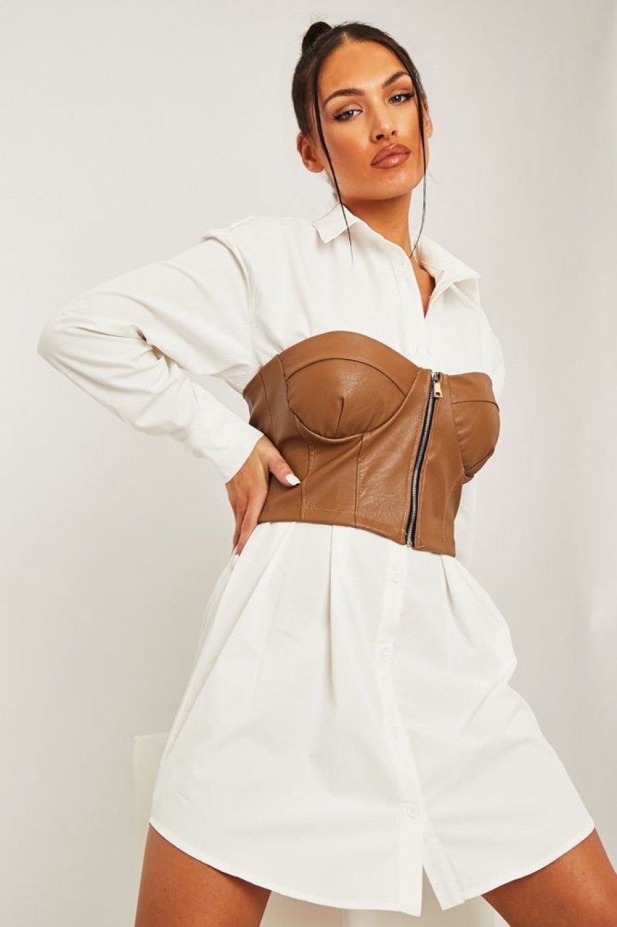 Clothing Rebellious Fashion | Camel Faux Leather Zip Front Corset Top - Karolina