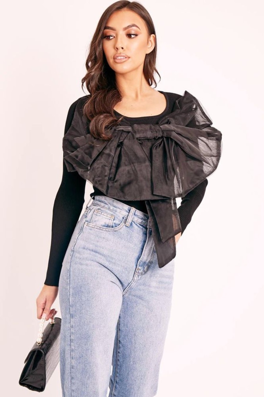 Clothing Rebellious Fashion | Black Organza Bow Front Ribbed Top - Fergie