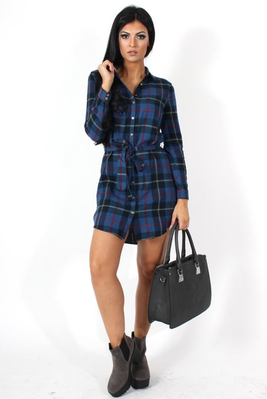 Clothing Rebellious Fashion | Darla Navy Checked Shirt Dress