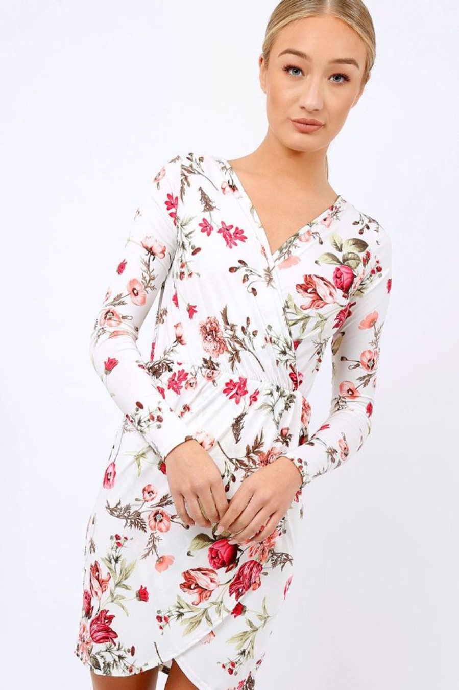 Clothing Rebellious Fashion | Cream Floral Long Sleeved Dress - Delanie