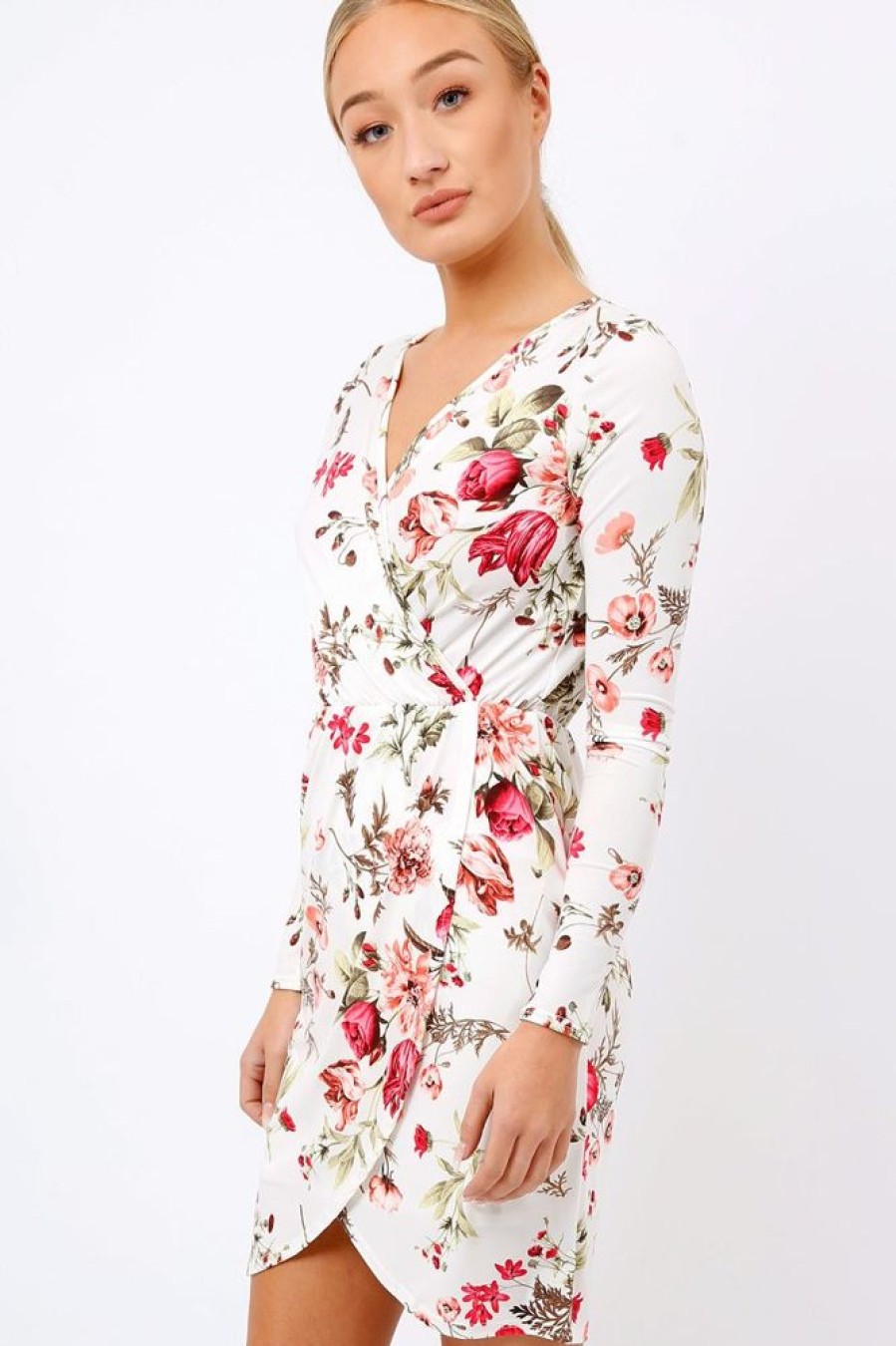 Clothing Rebellious Fashion | Cream Floral Long Sleeved Dress - Delanie