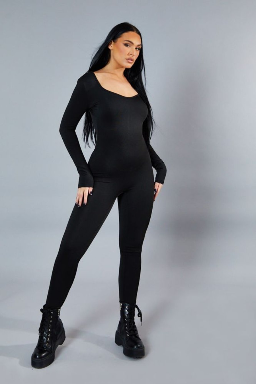 Clothing Rebellious Fashion | Black Contour Long Sleeve Jumpsuit - Luana