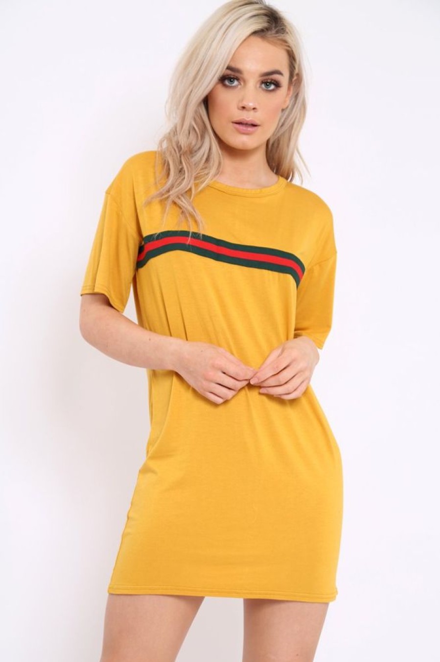 Clothing Rebellious Fashion | Mustard Stripe Front T Shirt Dress - Kamden