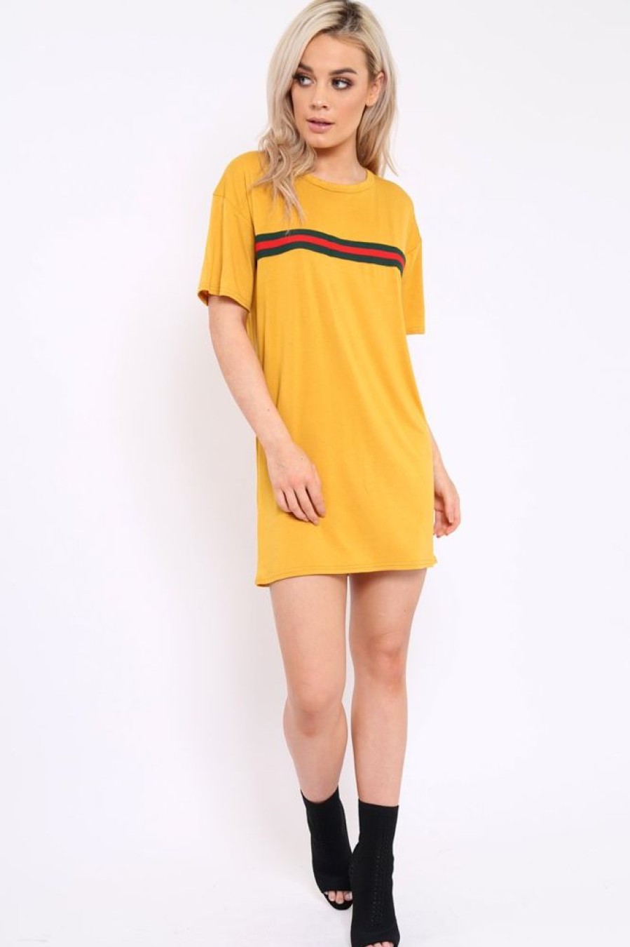 Clothing Rebellious Fashion | Mustard Stripe Front T Shirt Dress - Kamden