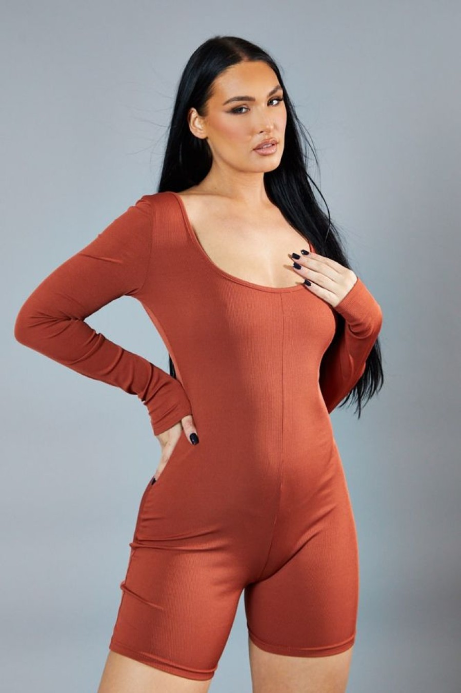 Clothing Rebellious Fashion | Rust Rib Knit Scoop Neck Unitard - Roohi