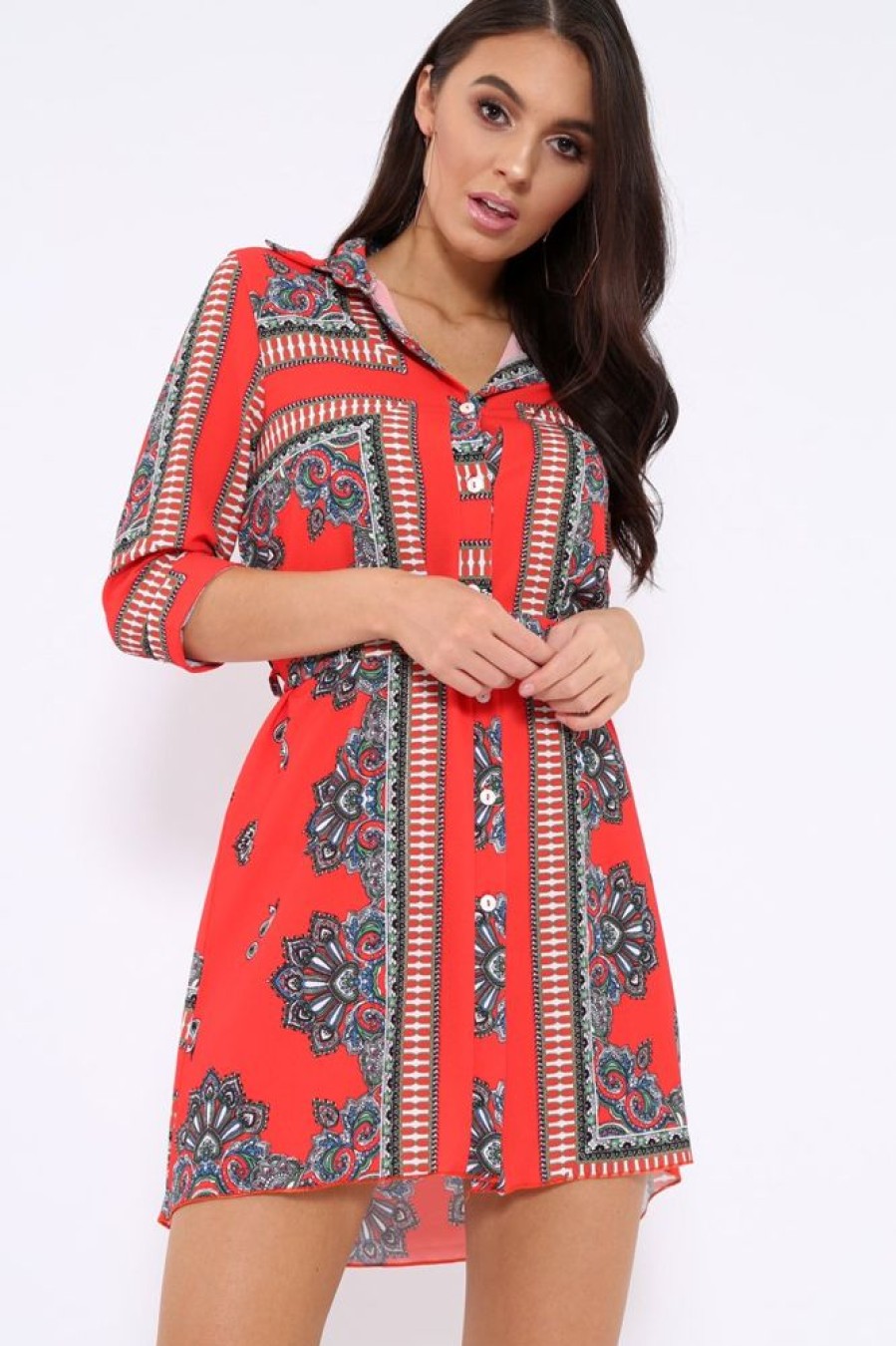 Clothing Rebellious Fashion | Red Scarf Print Shirt Dress - Kyah