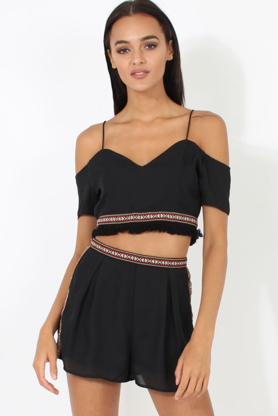 Clothing Rebellious Fashion | Black Aztec Trim Cold Shoulder Co-Ord - Kinsey