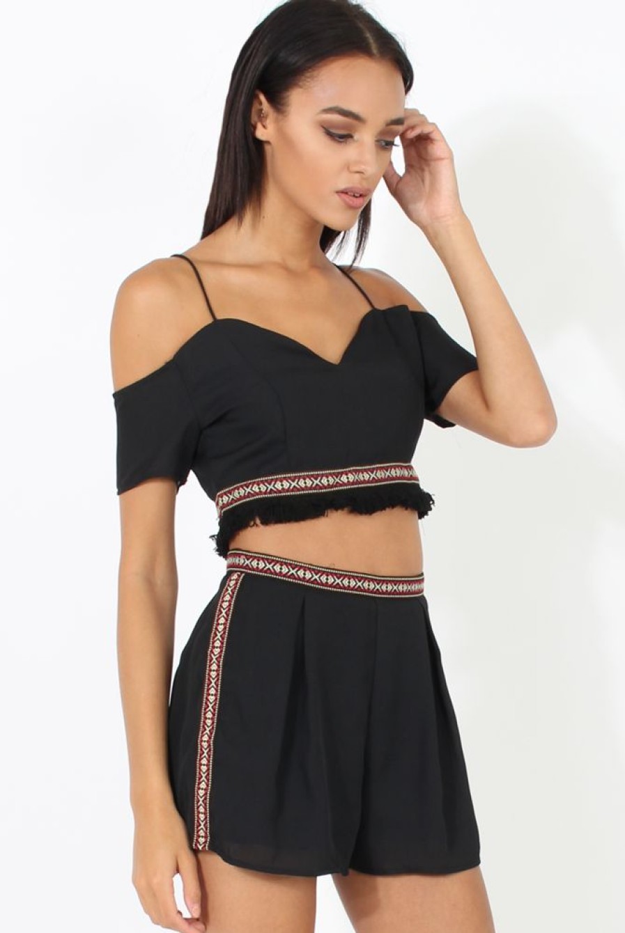 Clothing Rebellious Fashion | Black Aztec Trim Cold Shoulder Co-Ord - Kinsey